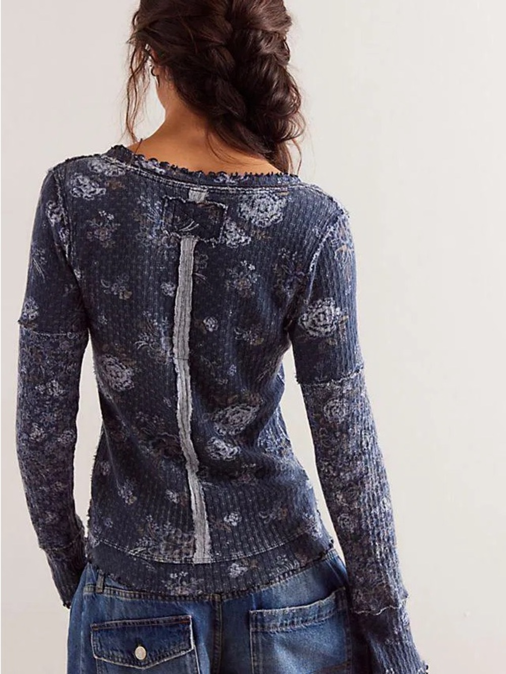 We The Free Navy Clover Printed Thermal Long Sleeve Top (Large) - Picture 2 of 5